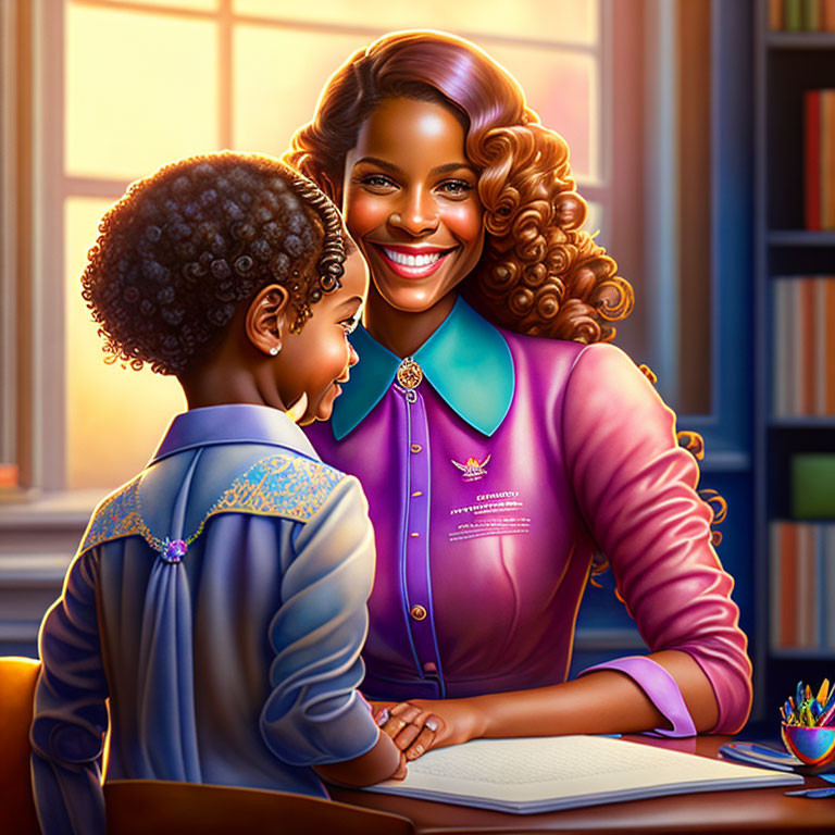 Smiling woman with curly hair and child reading in room with bookshelves