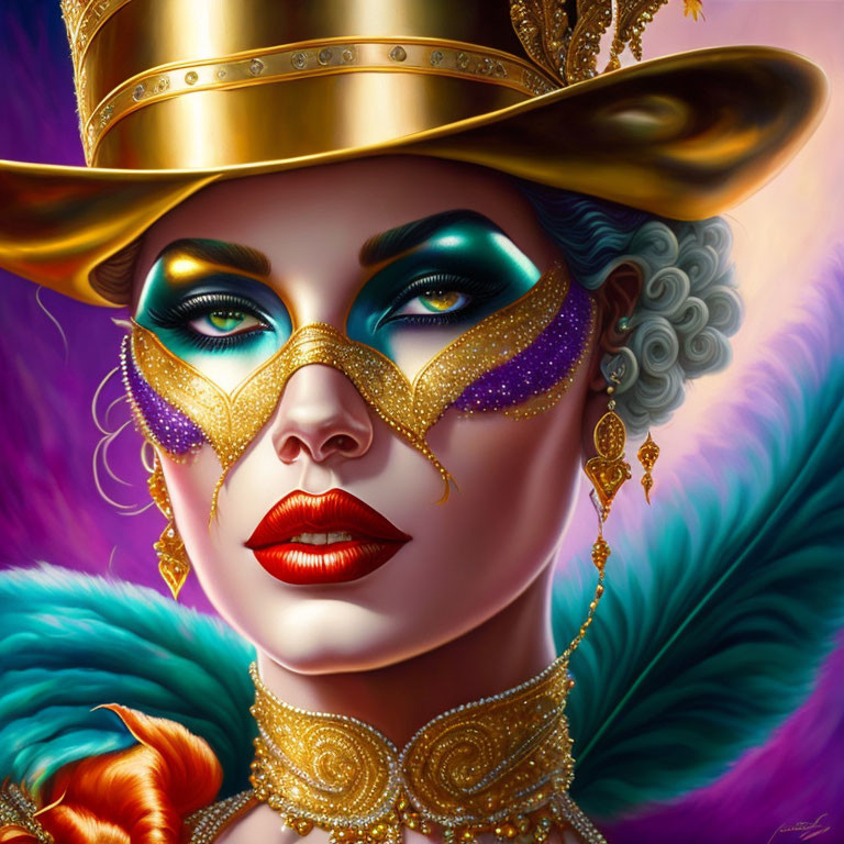 Colorful Woman Portrait with Masquerade Mask, Red Lips, and Top Hat
