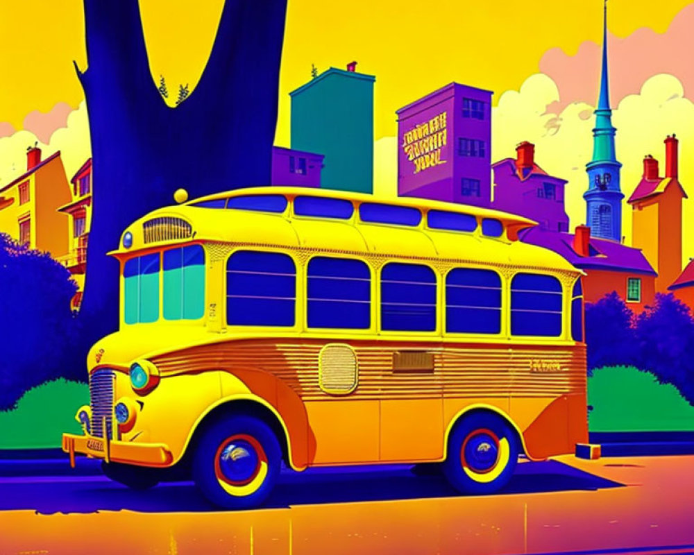 Colorful vintage school bus parked on urban street with church spire in background