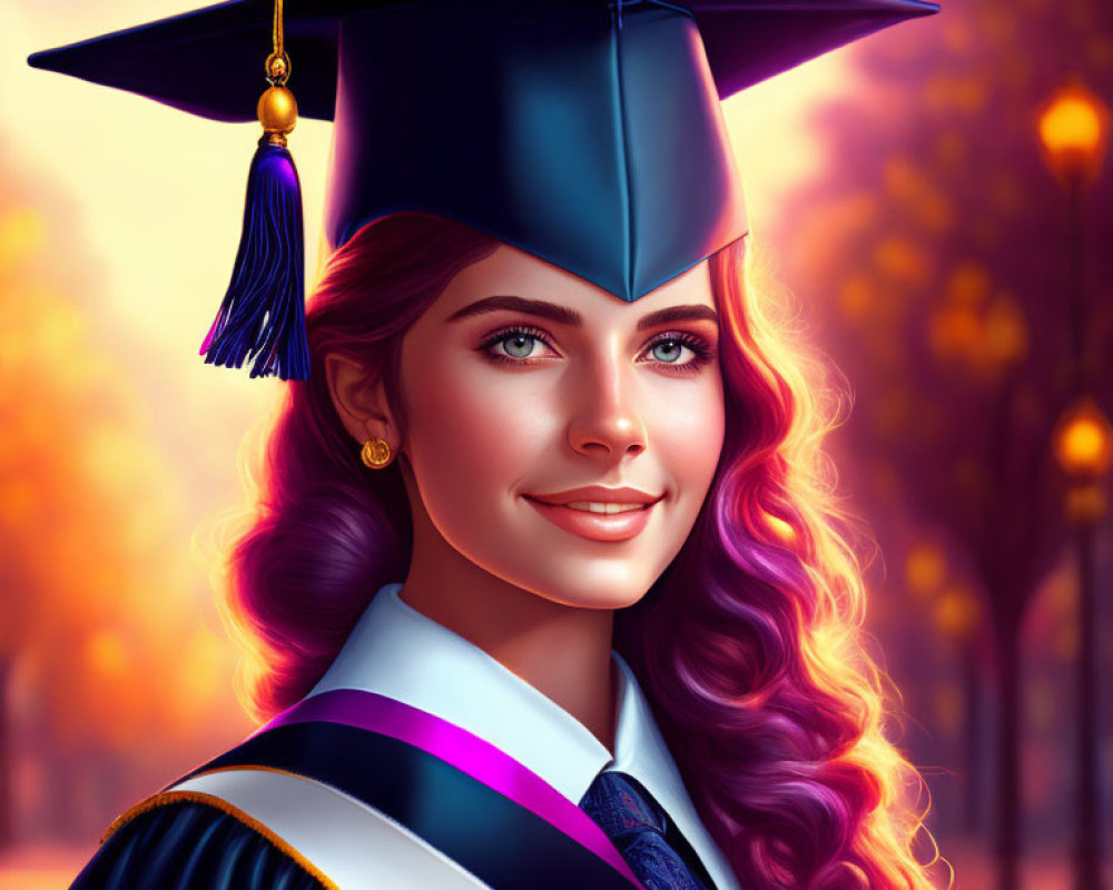 Smiling female graduate in cap and gown in autumn park