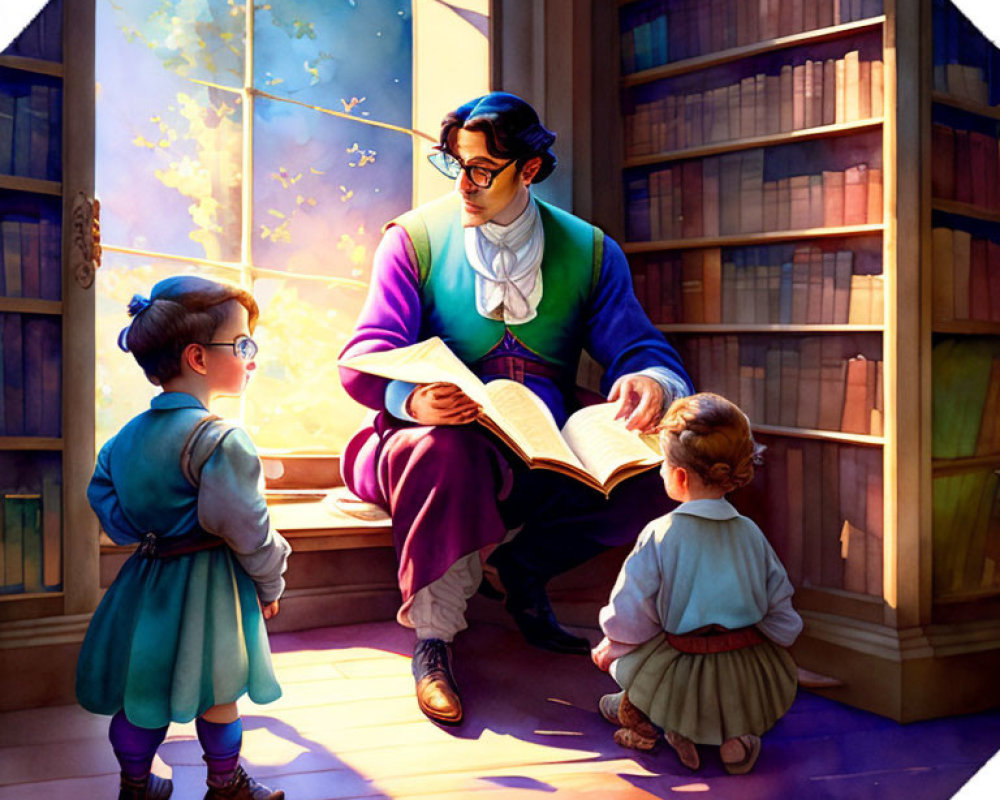 Adult reading book to two children in sunlit room with bookshelves