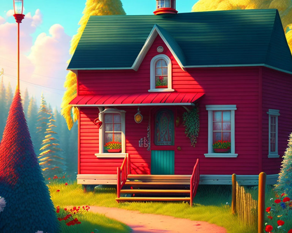 Vibrant red cottage with green trim and red roof in natural setting