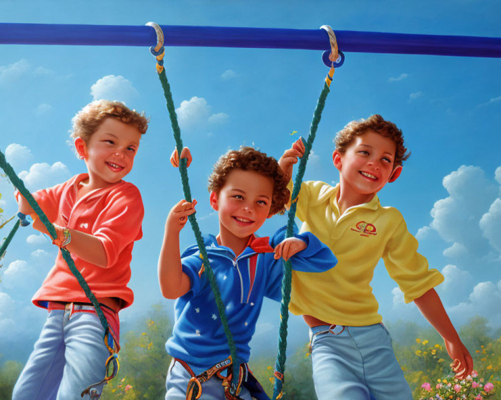 Three children playing on jungle gym under clear blue sky