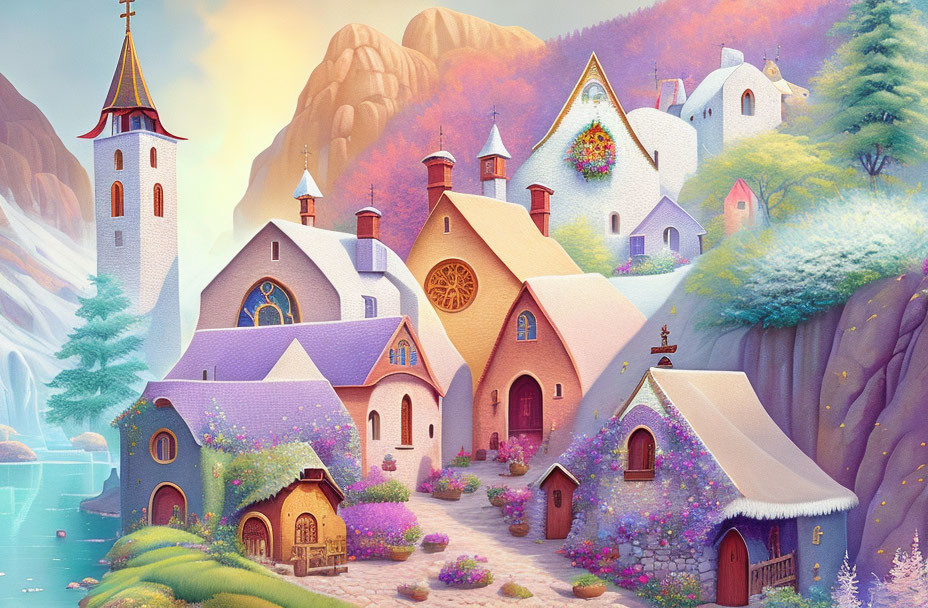 Colorful village illustration with quaint houses and church in lush landscape