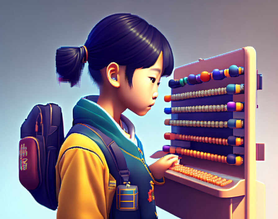 Young girl studying abacus with backpack in animated illustration