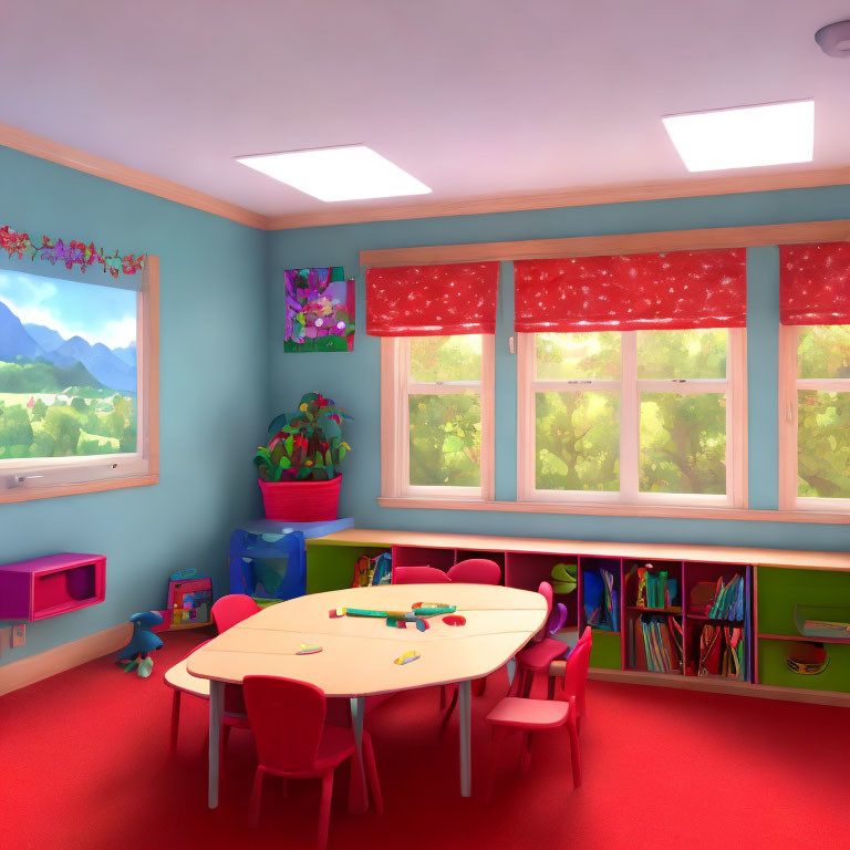 Vibrant classroom with round table, toys, green shelf, red curtain, mountain view.