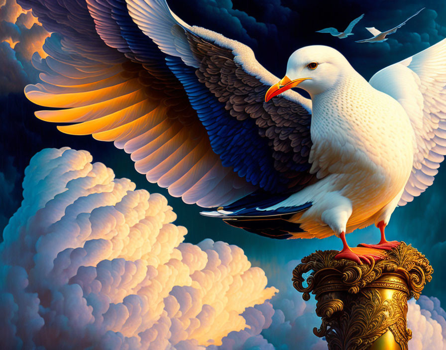 Large seagull with extended wings on golden column in surreal sky