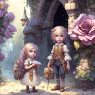 Two children by rose-adorned stone archway in enchanted setting