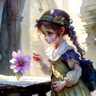 Young girl with flowers in hair admires flower in serene garden scene