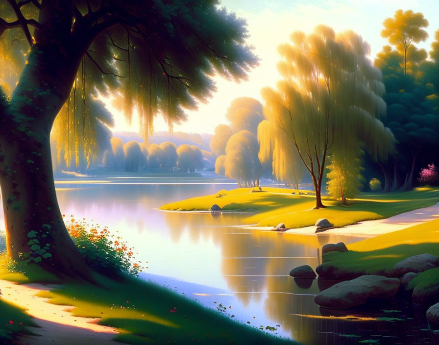 Tranquil lake scene with weeping willows and golden sunlight