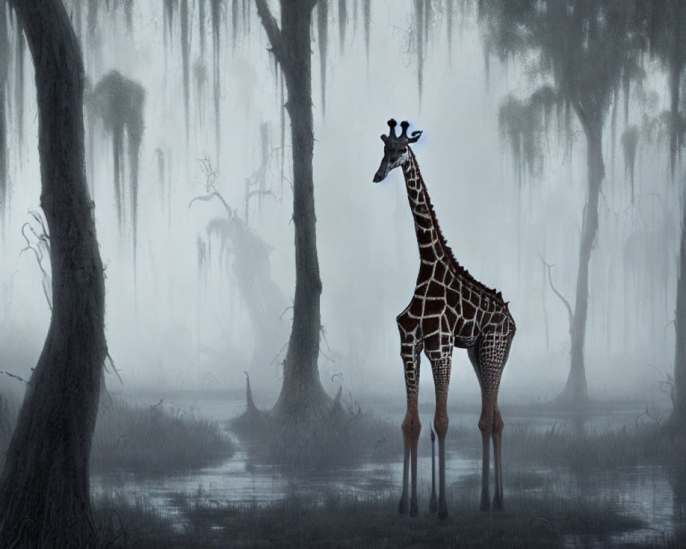Giraffe in misty swamp forest with Spanish moss-draped trees