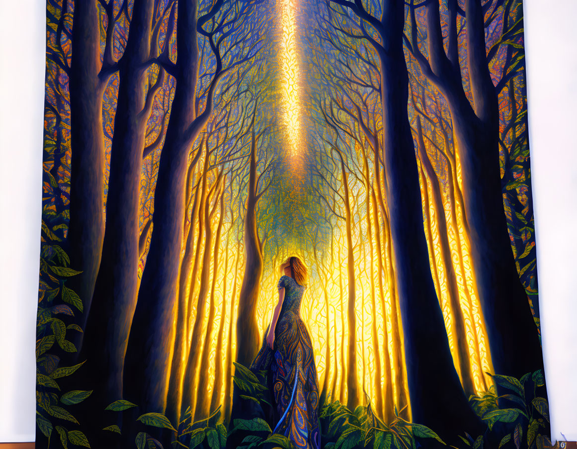 Woman in flowing dress in mystical forest with ethereal light.