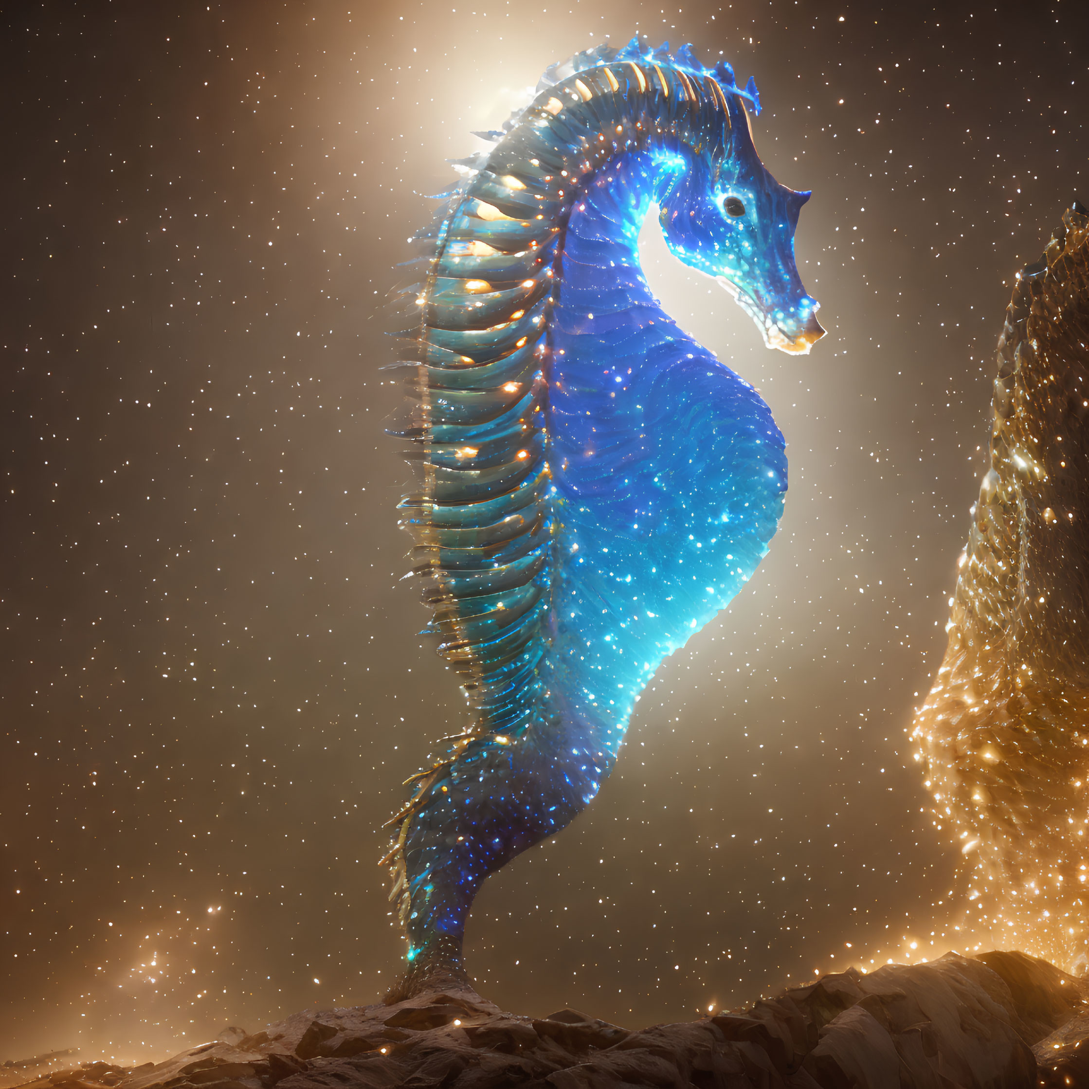 Majestic cosmic seahorse with star-filled body and glowing fins