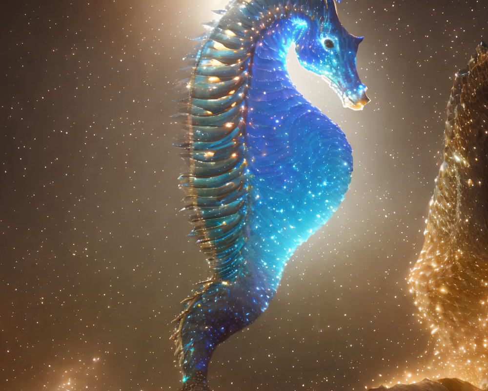 Majestic cosmic seahorse with star-filled body and glowing fins