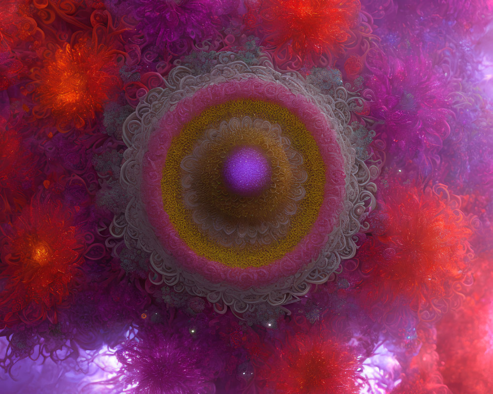 Colorful fractal art with central circular motif in pink, orange, and purple.