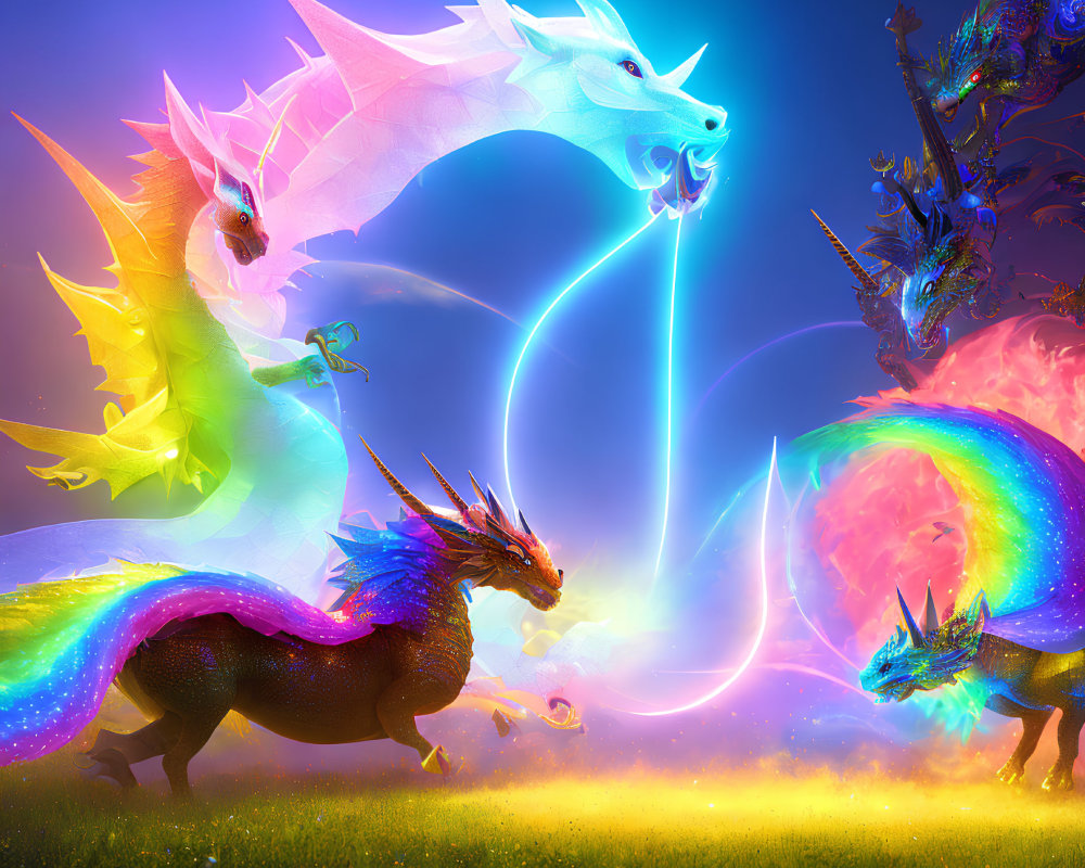 Vibrant rainbow created by colorful dragons in mystical landscape