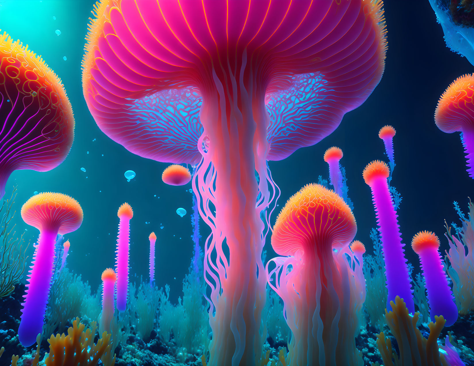 Neon jellyfish and coral in surreal underwater scene