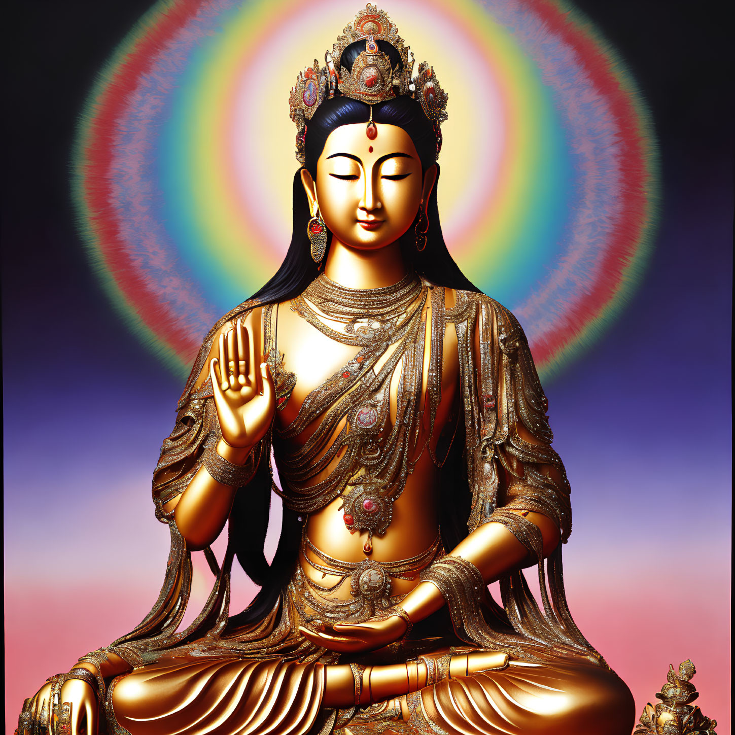 Seated Buddhist deity in golden robes with halo and mudra