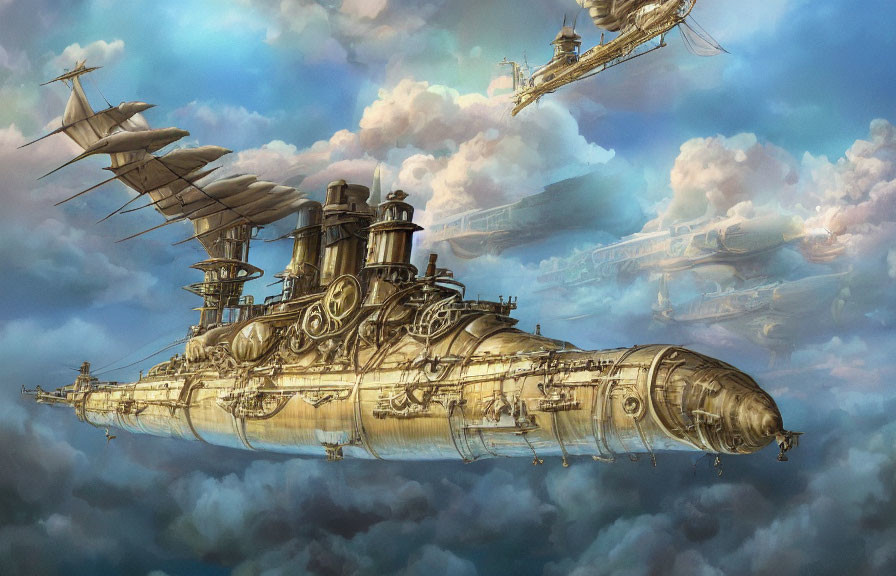 Steampunk fantasy airships soaring in blue skies