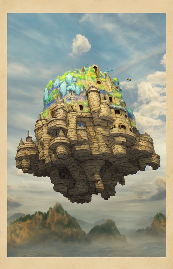 Floating castle with lush greenery above misty mountains