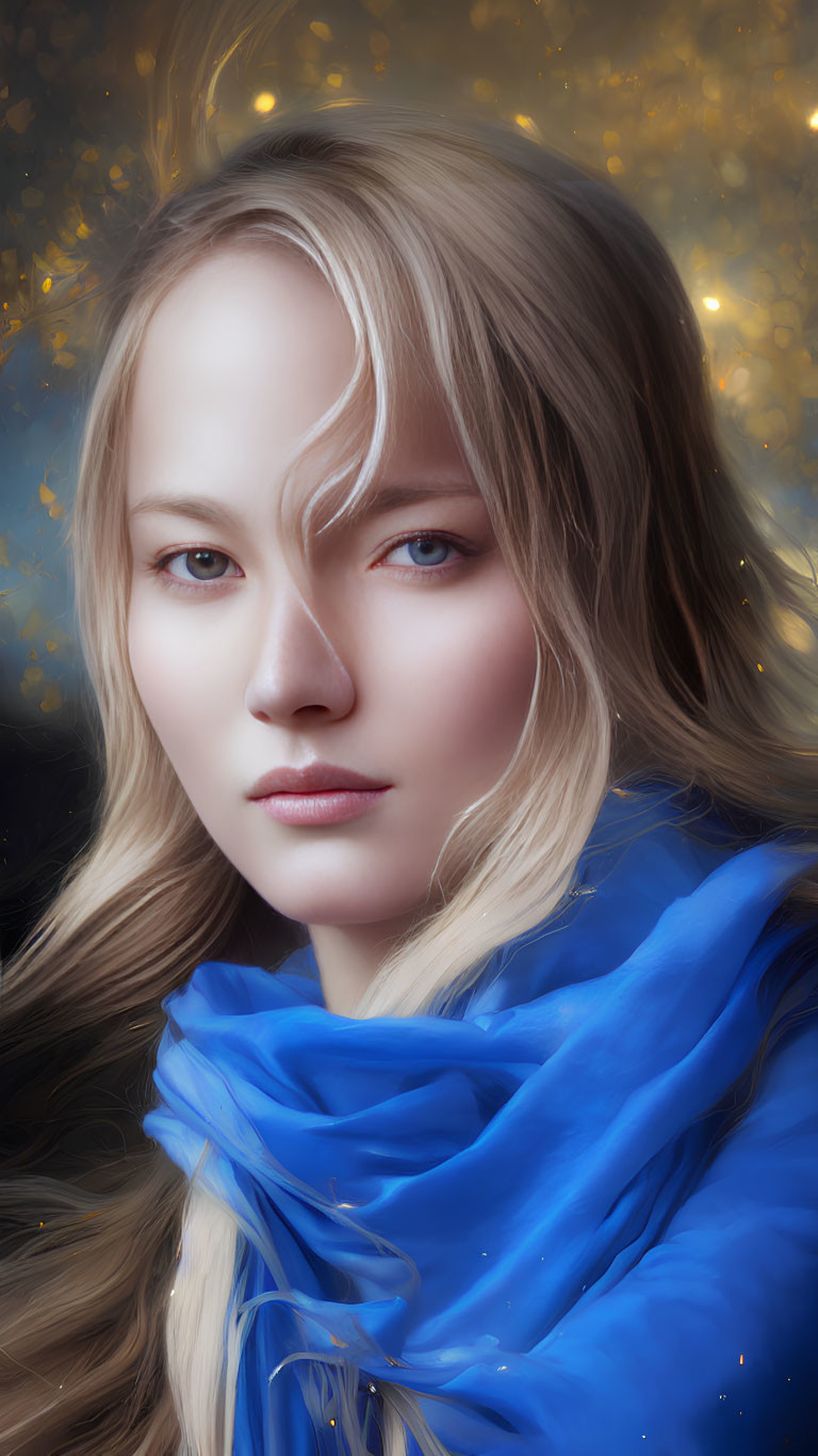 Blonde woman with intense blue eyes in blue scarf on golden bokeh background