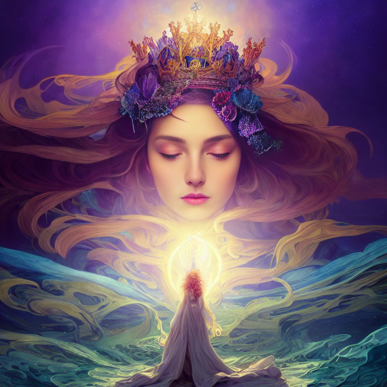 Woman with flowing hair and floral crown glowing in mystical backdrop