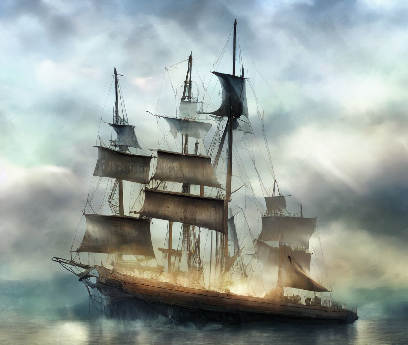 Majestic tall ship with multiple sails on serene waters