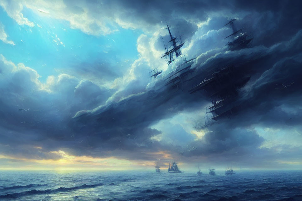 Sailing ships in stormy twilight ocean scene