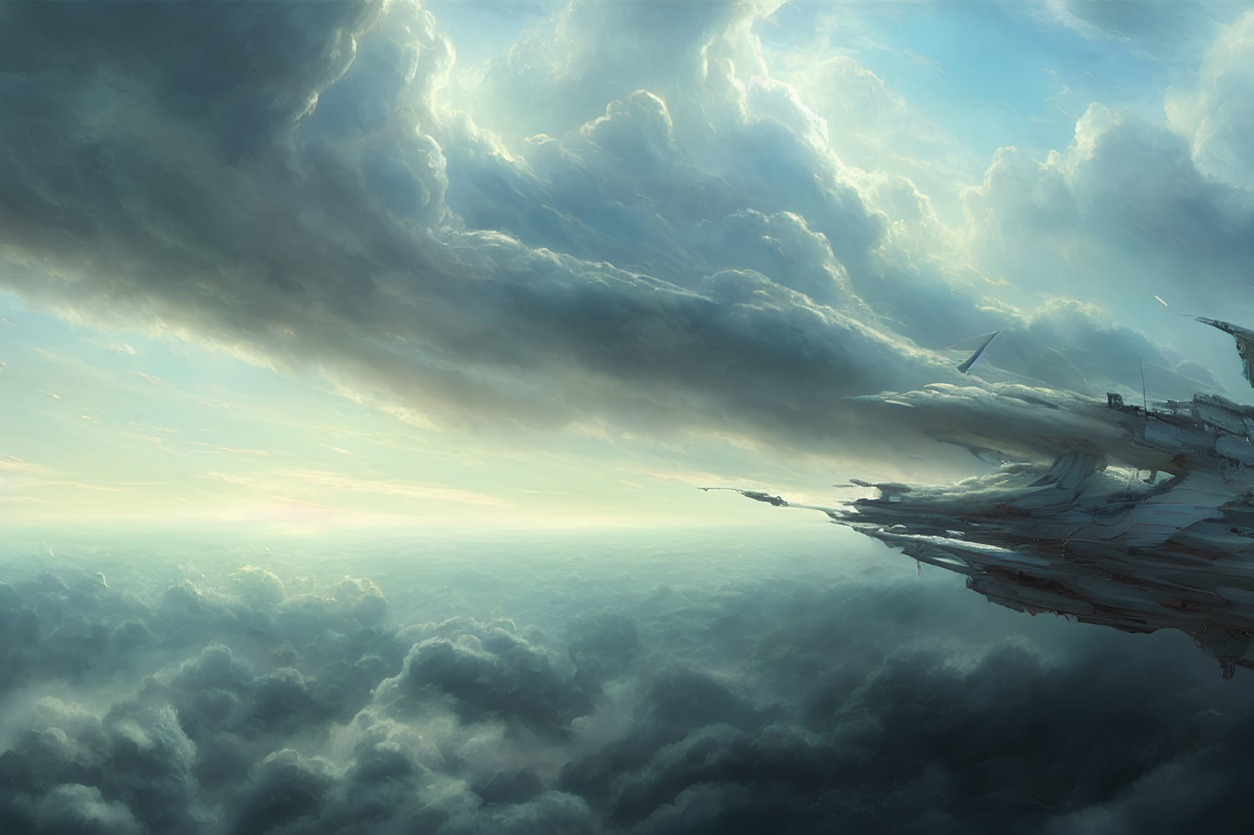 Ethereal floating landmass in majestic cloud landscape