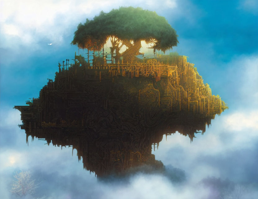 Floating Island with Large Tree Surrounded by Clouds and Intricate Carved Structures