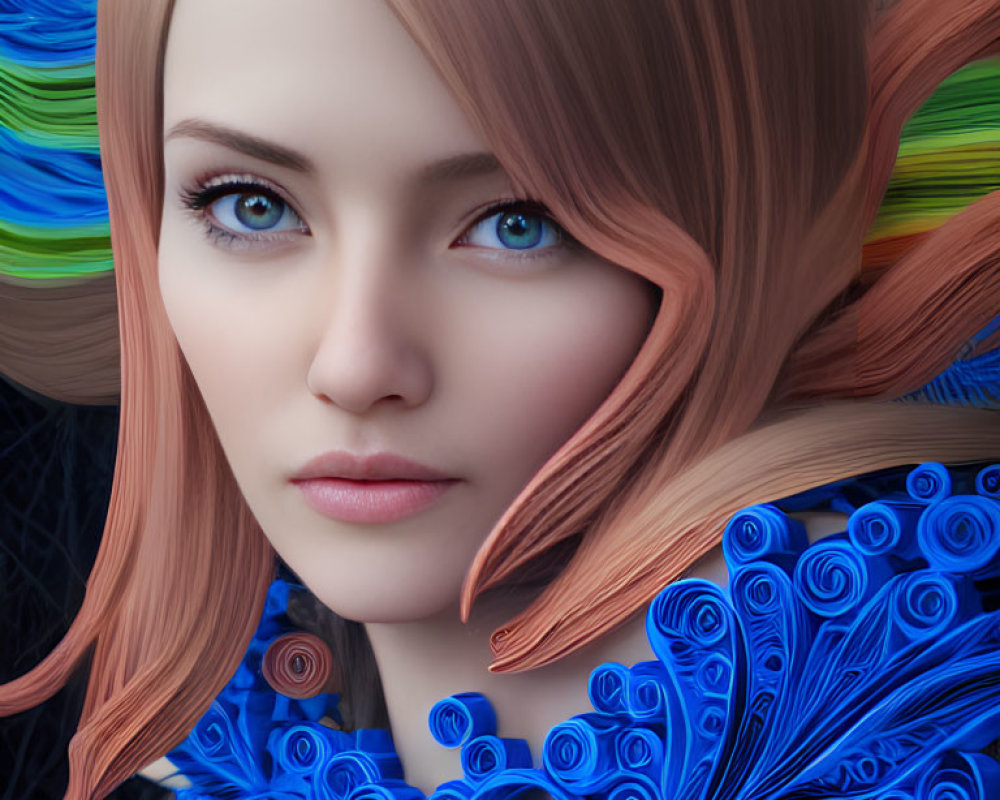 Digital artwork featuring a woman with blue eyes and colorful swirled hair