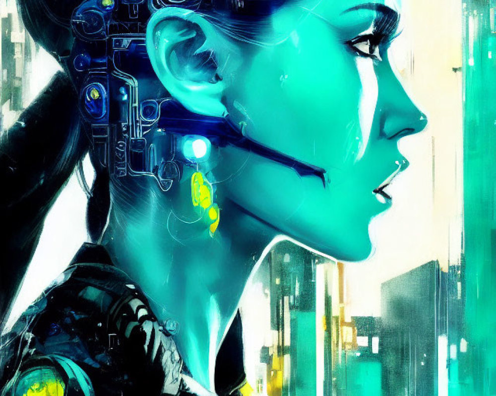 Profile View of Woman with Cybernetic Enhancements in Futuristic Cityscape