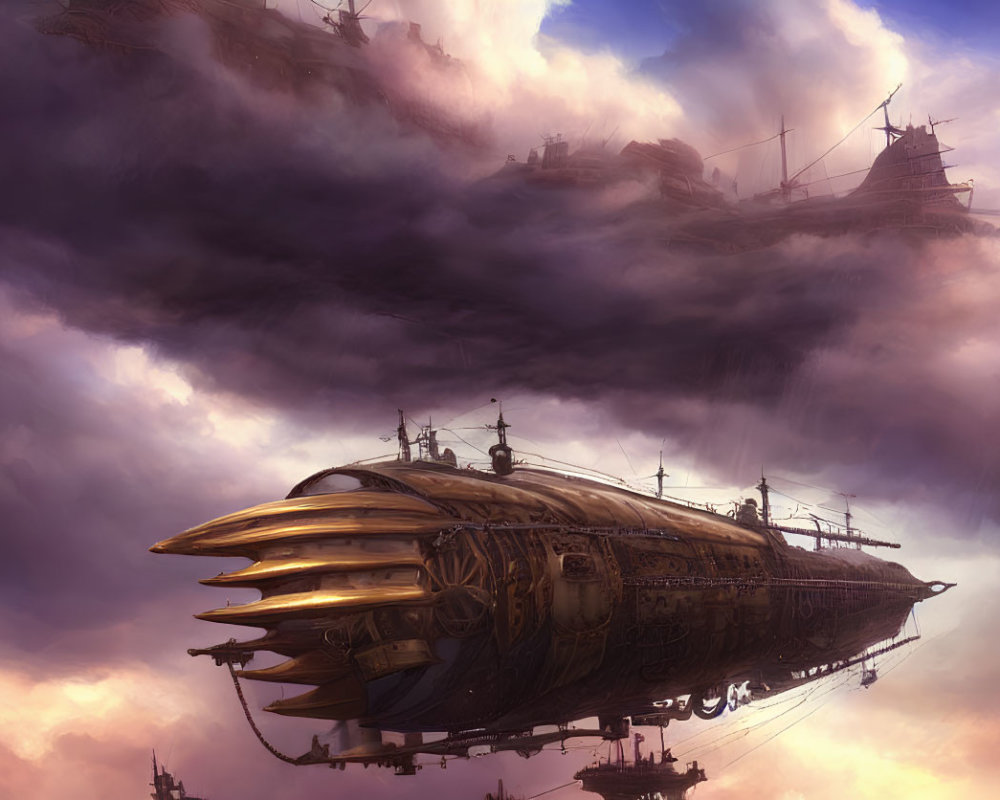 Fantasy sky with steampunk-style airships and intricate metalwork