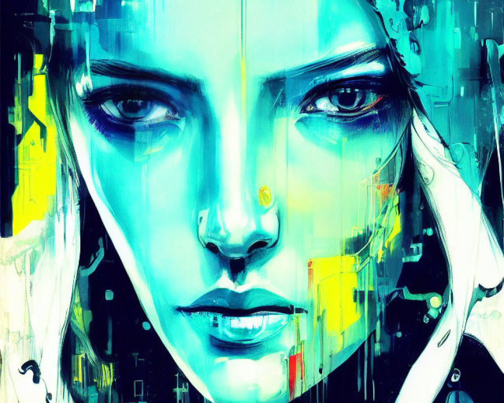 Symmetrical woman in abstract digital art with blue and yellow fusion