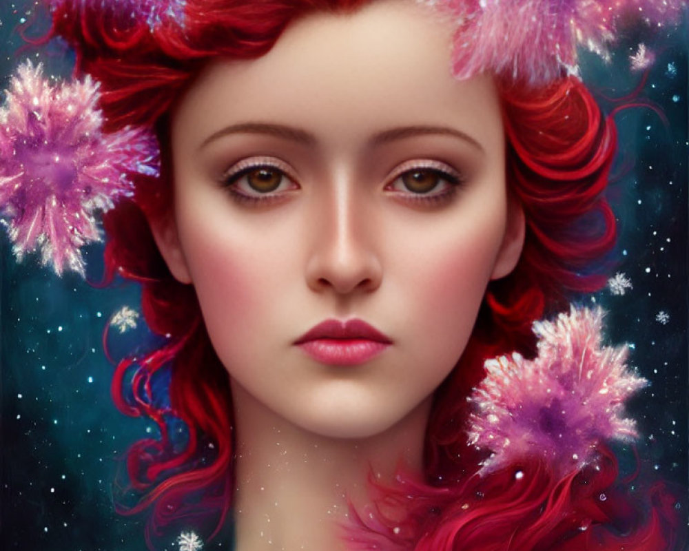 Vibrant red-haired woman with pink flowers against starry backdrop