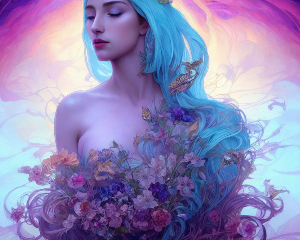 Blue-haired woman in fantasy setting with flowers and butterflies