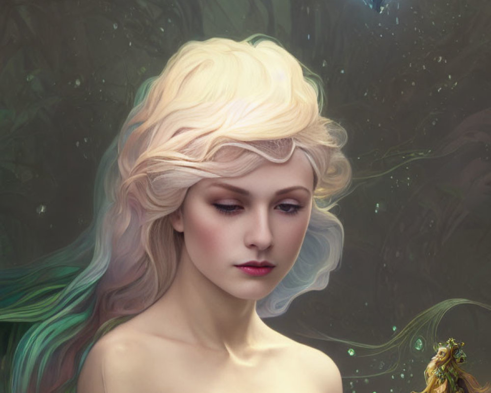 Fantastical portrait of a woman with blonde hair and mystical forest backdrop