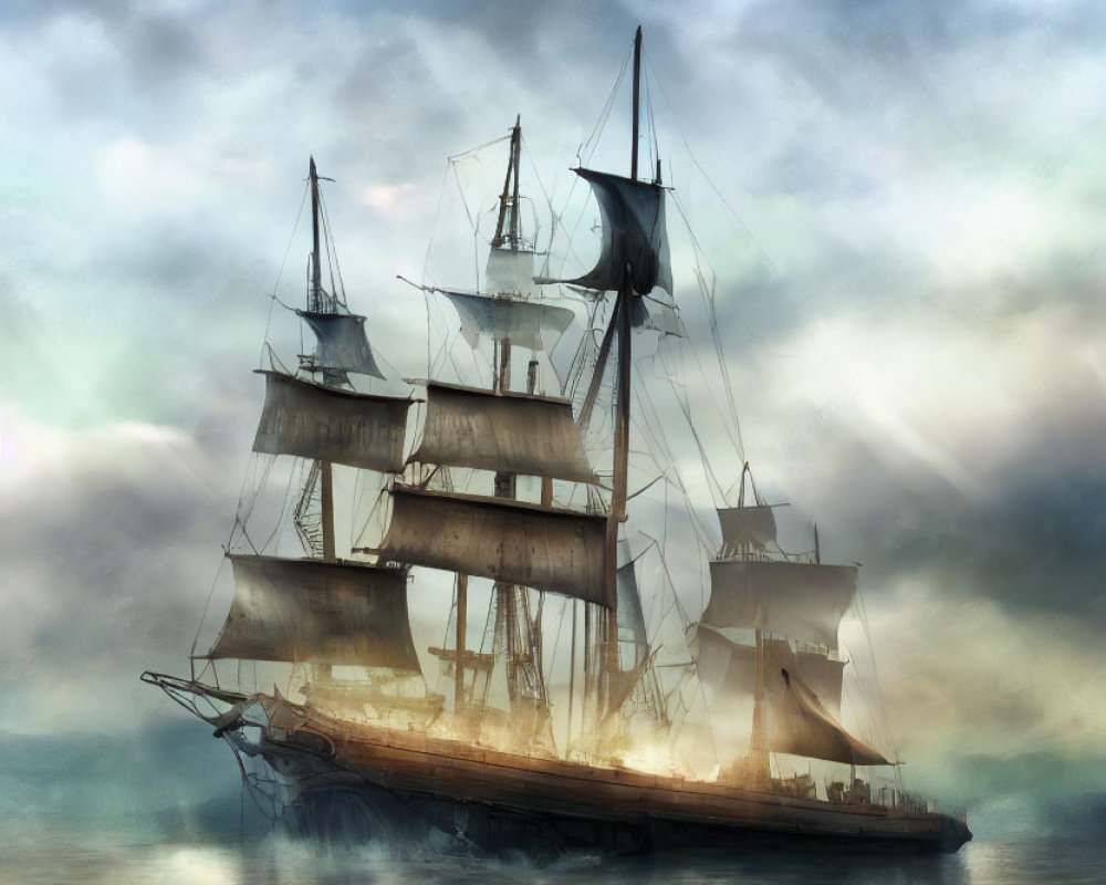 Majestic tall ship with multiple sails on serene waters