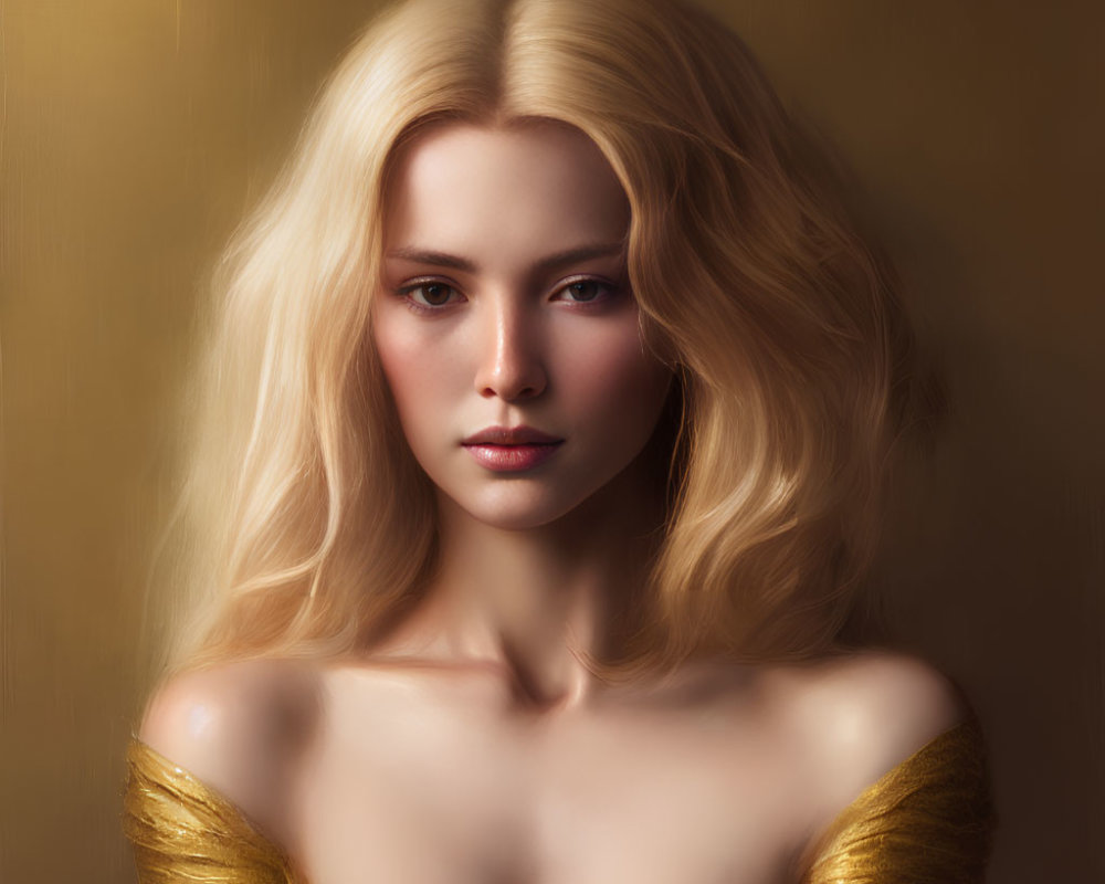Blonde Woman Portrait in Gold Dress on Warm Background