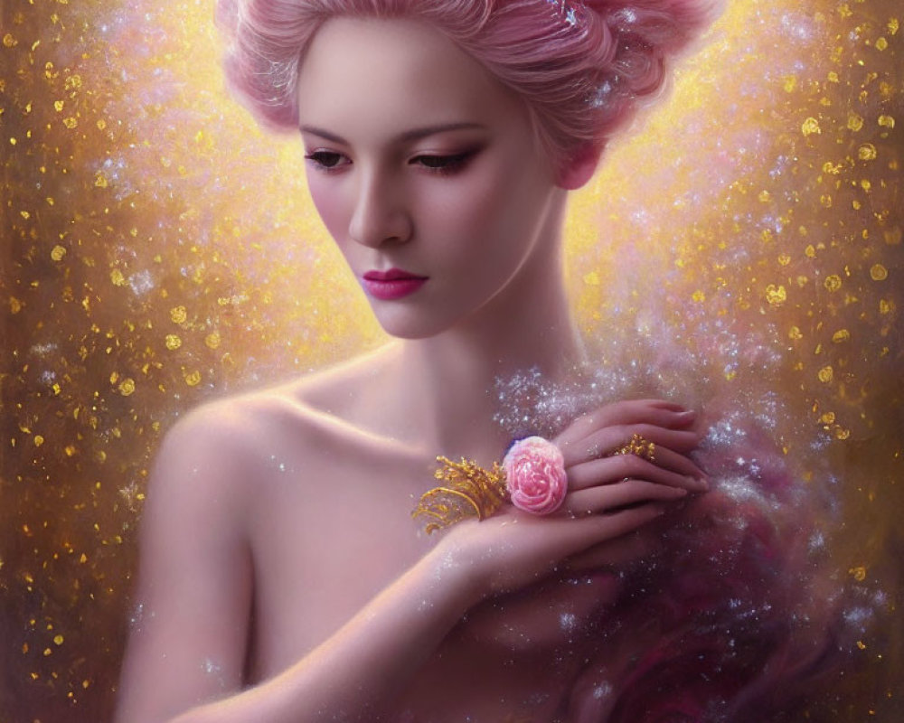 Portrait of Woman with Pink Hair and Rose, Golden Sparkling Backdrop