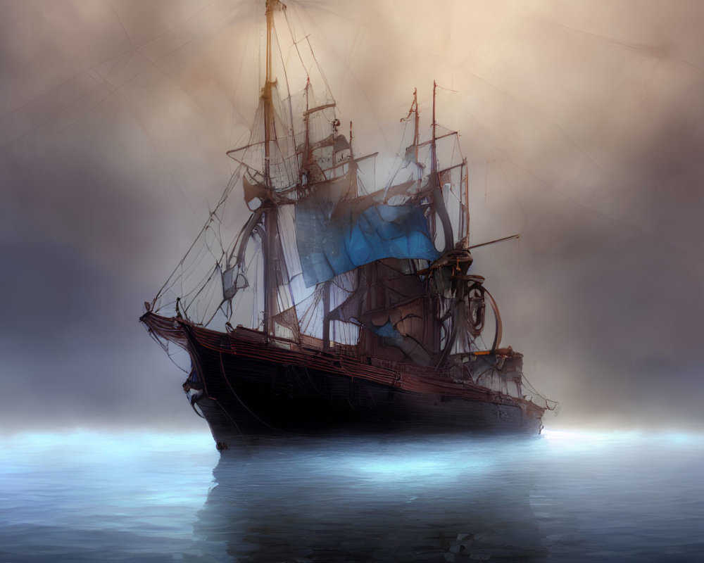 Vintage sailing ship with tattered blue sails in misty seascape