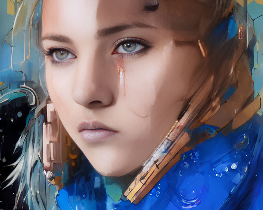 Digital artwork of woman with tear, blue jacket, headband, glitch effects