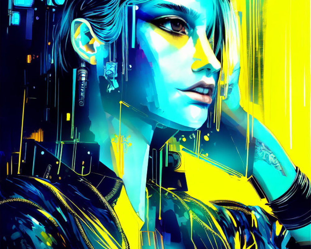 Cyberpunk-themed digital artwork with blue and yellow hues
