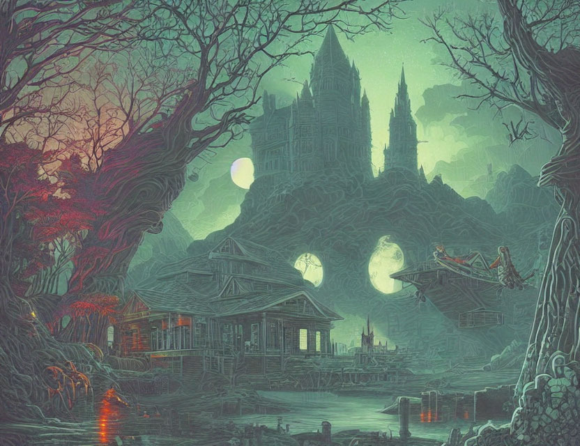 Fantastical landscape with glowing houses, ominous trees, and intricate castle under twin moons