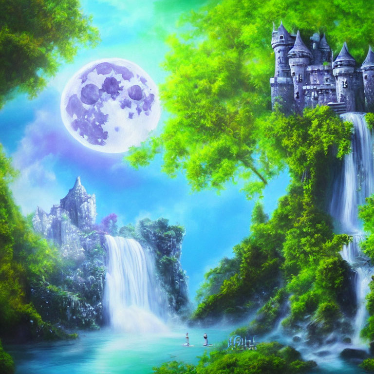 Fantasy landscape with moon, waterfalls, castles, and figures