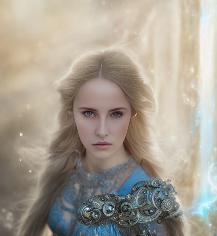 Blonde woman in silver armor against ethereal backdrop