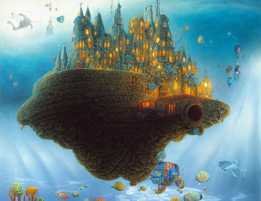 Floating city on rock island with airships, marine life, and underwater habitats in serene oceanic setting