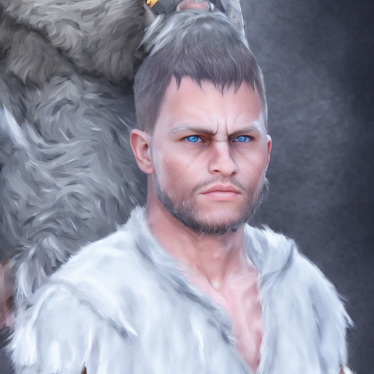 Male Figure with Intense Blue Eyes and Fur Cloak Portrait