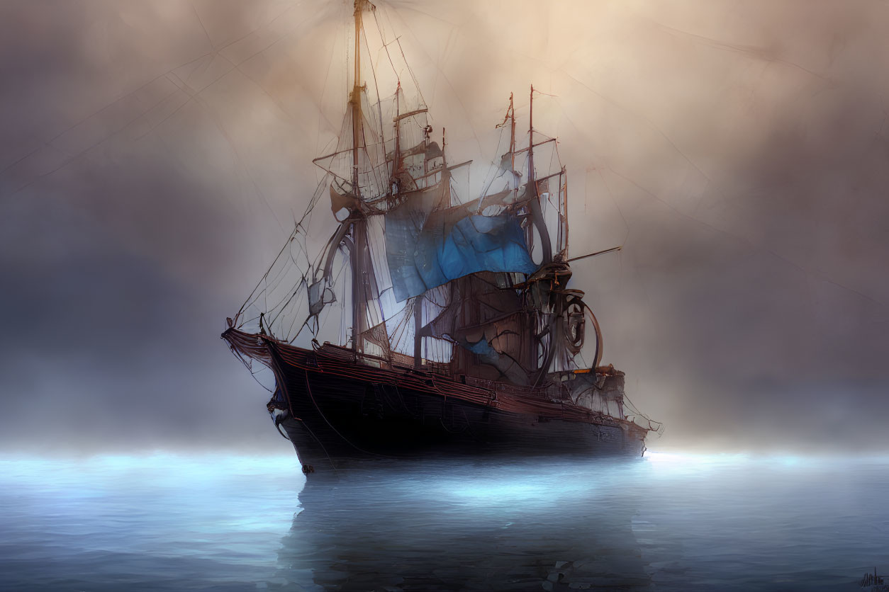 Vintage sailing ship with tattered blue sails in misty seascape
