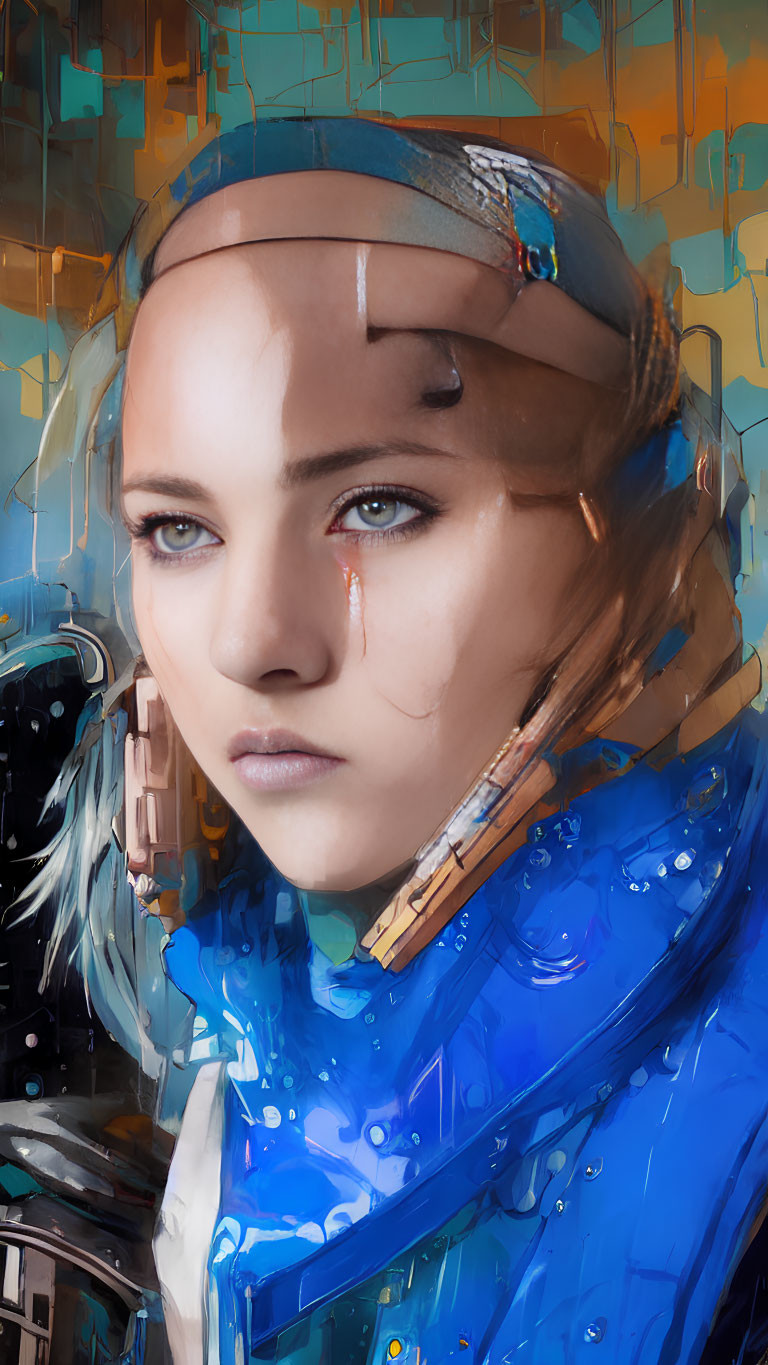 Digital artwork of woman with tear, blue jacket, headband, glitch effects